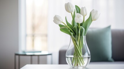  a vase filled with white tulips sitting on top of a table next to a gray couch in a living room.