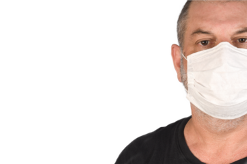 Portrait of a man, in a medical mask using alcohol gel. A concept of the danger of COVID-19 coronavirus for the elderly. on white background with space for text