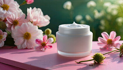 Fototapeta na wymiar Open facial cream jar, beauty face treatment, face skin care, pink flowers