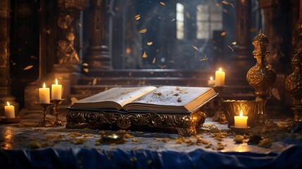 Spellbinding radiance  illuminated ancient book emanating enchantment on vintage table