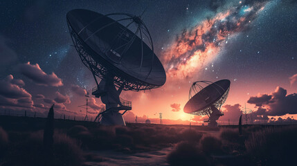 High-tech observatory equipped with twin satellite dishes, exploring the mysteries of cosmic realm