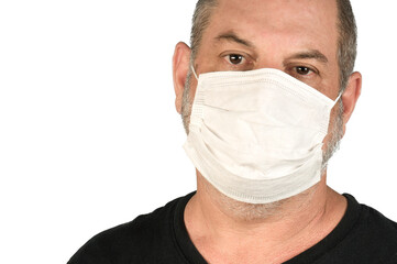 Portrait of a man, in a medical mask using alcohol gel. A concept of the danger of COVID-19 coronavirus for the elderly. on white background with space for text