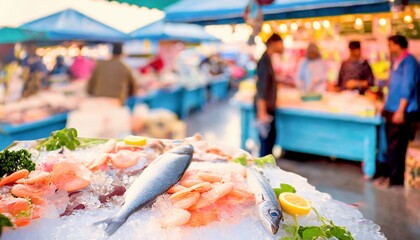 Fischstand auf einem Markt  - obrazy, fototapety, plakaty