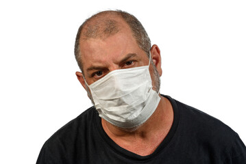 Portrait of a man, in a medical mask using alcohol gel. A concept of the danger of COVID-19 coronavirus for the elderly. on white background with space for text