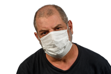 Portrait of a man, in a medical mask using alcohol gel. A concept of the danger of COVID-19 coronavirus for the elderly. on white background with space for text