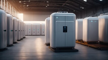 Futuristic energy storage systems such as advanced batteries or grid-scale storage facilities, showcasing how energy storage contributes to sustainability. Copy space.
