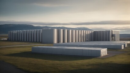 Futuristic energy storage systems such as advanced batteries or grid-scale storage facilities, showcasing how energy storage contributes to sustainability. Copy space.