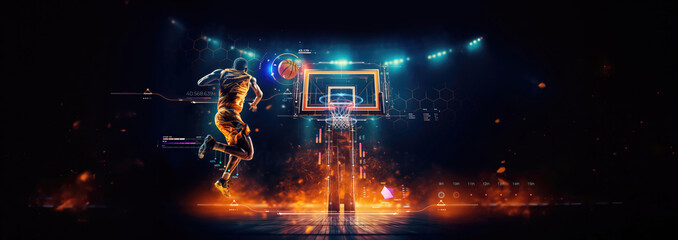 basketball professional team player running scoring ball over the hoop at dramatic stadium shot in dynamic active pose with statistics analysis datum, sports success concept copy space banner - obrazy, fototapety, plakaty