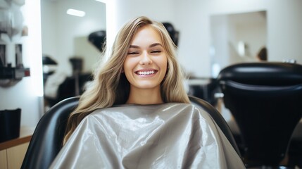 Smiling young blonde woman sitting in beauty salon to take cosmetic hair care treatments - obrazy, fototapety, plakaty