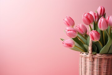closeup basket with bouquet of pink tulips on a pink background with copy space for text, for spring romantic design
