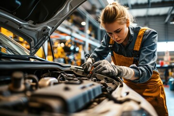 Mechanic diagnosing a car's issue, their expertise and problem-solving skills ensuring safety and satisfaction for every driver. - obrazy, fototapety, plakaty
