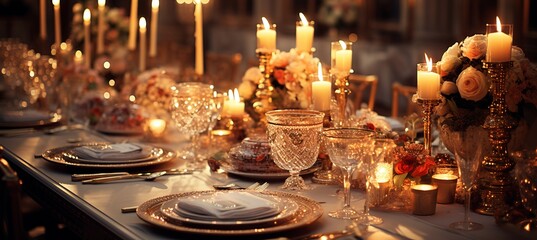 Fototapeta na wymiar Medieval castle banquet with candlelit tables and golden sunlight through stained glass windows.