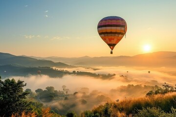 Majestic sunrise hot air balloon festival over a misty valley