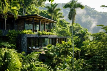 Fototapeta na wymiar Luxurious eco-resort nestled in a tropical rainforest with sustainable practices