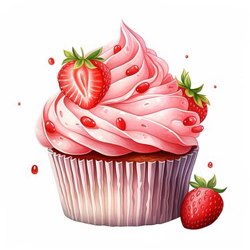 watercolor clipart pink sweet delicious strawberry cupcake with cream on white background
