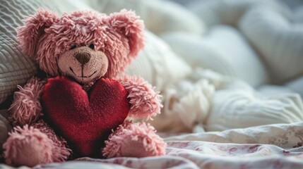 A beautiful Valentine's Day backdrop with a gentle, pastel pink teddy bear embracing a red love symbol.
