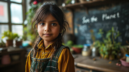 Bambina di origini indiane in una scuola elementare con la scritta Save the Planet sulla lavagna. - obrazy, fototapety, plakaty
