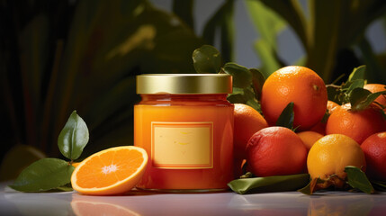  a jar of orange marmalade next to a pile of tangerines and a pile of oranges.