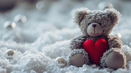 Beautiful Valentine's background with a grey e teddy bear hugging a red love symbol