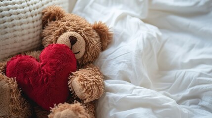 Beautiful Valentine background with a teddy bear hugging a red love symbol