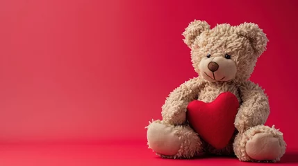 Fotobehang Beautiful Valentine background with a teddy bear hugging a red love symbol © Matthew