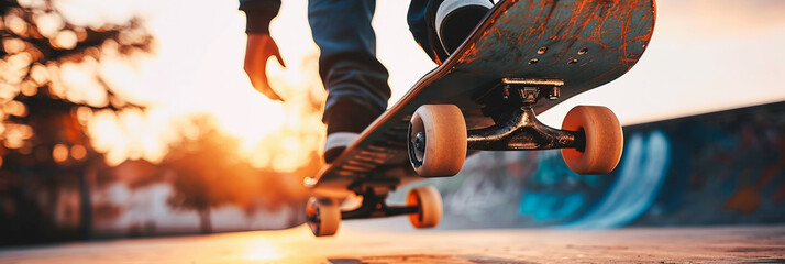 Skateboarding close up image of person doing a trick in skatepark - obrazy, fototapety, plakaty
