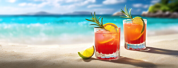 Exotic fruit cocktails await on white sandy Maldivian beach, offering a refreshing treat in the...