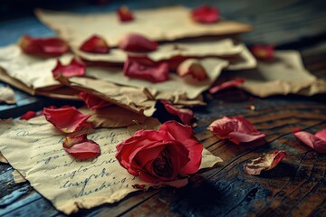 Vintage love letters and faded rose petals scattered across an old wooden table, evoking nostalgic memories of timeless affection