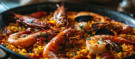 Authentic Spanish paella with Ibiza red prawns, featuring seafood from the renowned tapas tradition. - obrazy, fototapety, plakaty