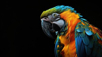 Fototapeta premium A striking Blue Gold Macaw, isolated on a black background, displays its vibrant blue and gold feathers.