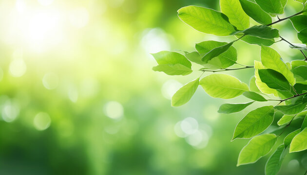 Nature of green leaf with bokeh background in summer, Natural green leaves plants with sunlight in springtime, copy space, environment ecology.