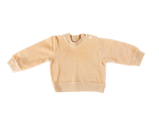 Baby overalls yellow sweatshirt isolated on a transparent png background made of plush material.