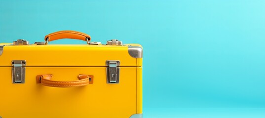 Travel accessories on blue background with suitcase for advertising copy space and text placement