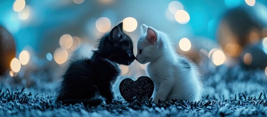 Black and white toy kittens hold a heart-shaped candy made of black and white chocolate. Blue, festive photo with bokeh, selective focus, and close-up. - obrazy, fototapety, plakaty