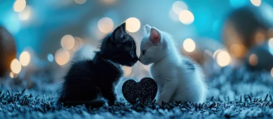 Schilderijen op glas Black and white toy kittens hold a heart-shaped candy made of black and white chocolate. Blue, festive photo with bokeh, selective focus, and close-up. © TheWaterMeloonProjec