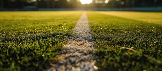 Closeup of cricket field's wicket markings in summer sport. - obrazy, fototapety, plakaty