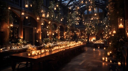 Medieval castle banquet  opulent feasting in grand hall with candlelit tables and golden sunlight