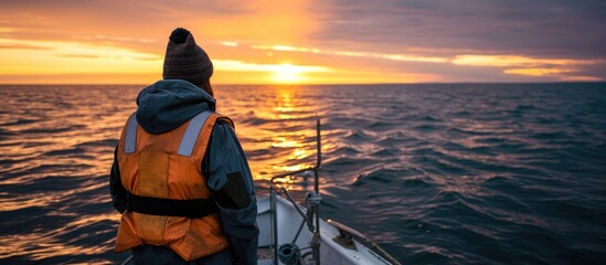 Marine scientist on boat wearing life jacket at sea.
