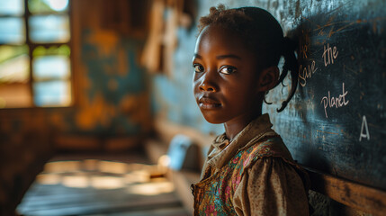 Bambina di origini africane in una scuola con la scritta Save the Planet sulla lavagna.