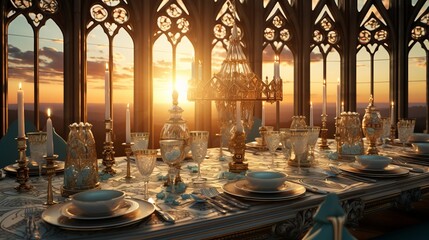 Medieval castle hall banquet  majestic feast with candlelit wooden tables and golden sunlight - obrazy, fototapety, plakaty