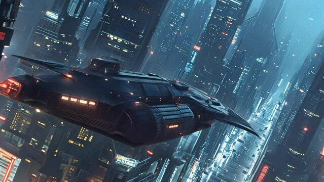 Spaceship flying through a sci-fi megacity skyscrapers in dark night neon lights cinematic animation