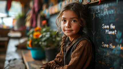 Bambina in una scuola elementare con la scritta Save the Planet sulla lavagna. - obrazy, fototapety, plakaty