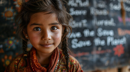 Bambina di origini indiane in una scuola elementare con la scritta Save the Planet sulla lavagna. - obrazy, fototapety, plakaty
