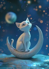A whimsical 3D cat avatar perched on a crescent moon, with a starry night background, inspiring a se