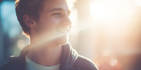 Radiant smile of a young man in profile, with sunlight streaming in, creating a joyful scene