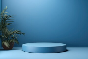 Empty round blue podium or platform for product display, Minimal style