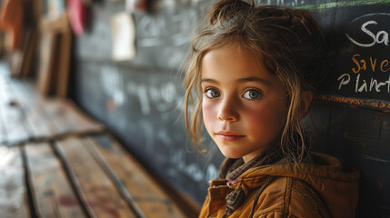 Bambina in una scuola elementare con la scritta Save the Planet sulla lavagna.