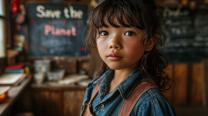 Bambina di origini asiatiche in una scuola elementare con la scritta Save the Planet sulla lavagna. - obrazy, fototapety, plakaty