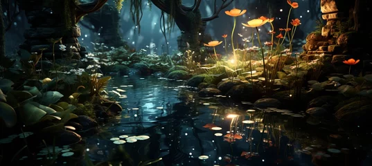 Poster Enchanted forest clearing with fireflies and fairies celebrating under sparkling fairy dust © Ilja