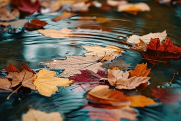 Colorful fall leaves in pond lake water, floating autumn leaf